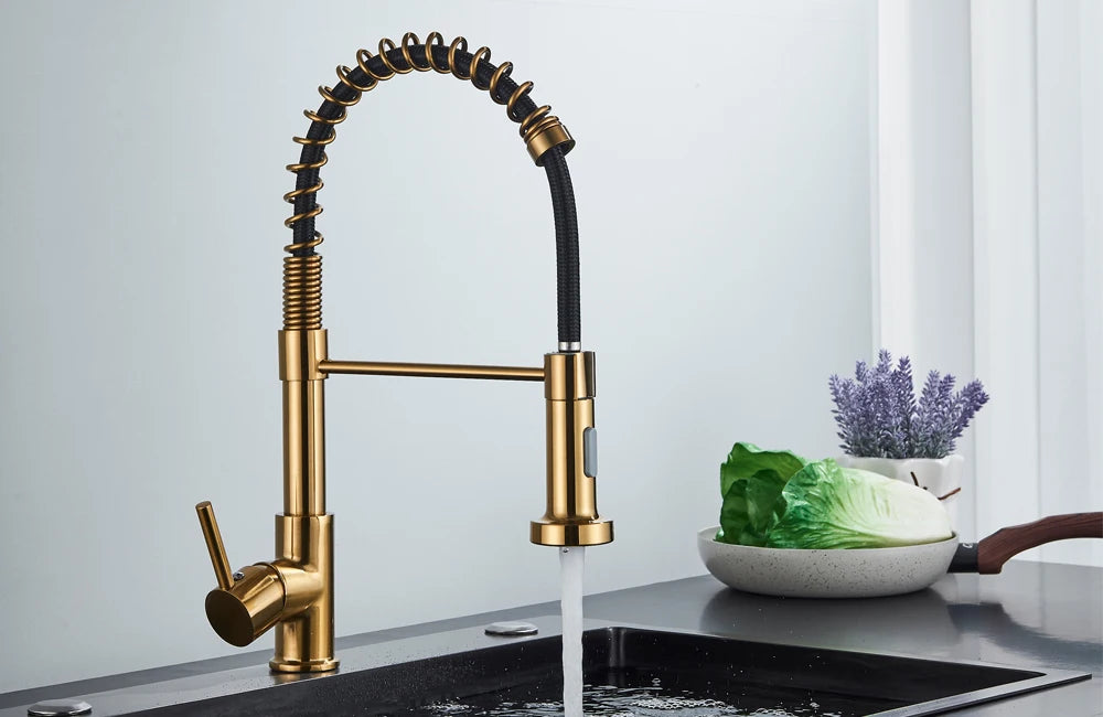 Brushed Gold Kitchen Faucet Pull Down 2-way Spray Single