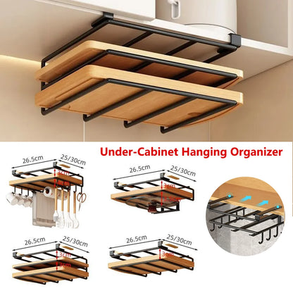 Kitchen Hanging Organizer Rack with Hooks Under Cupboard Paper Towel Rags