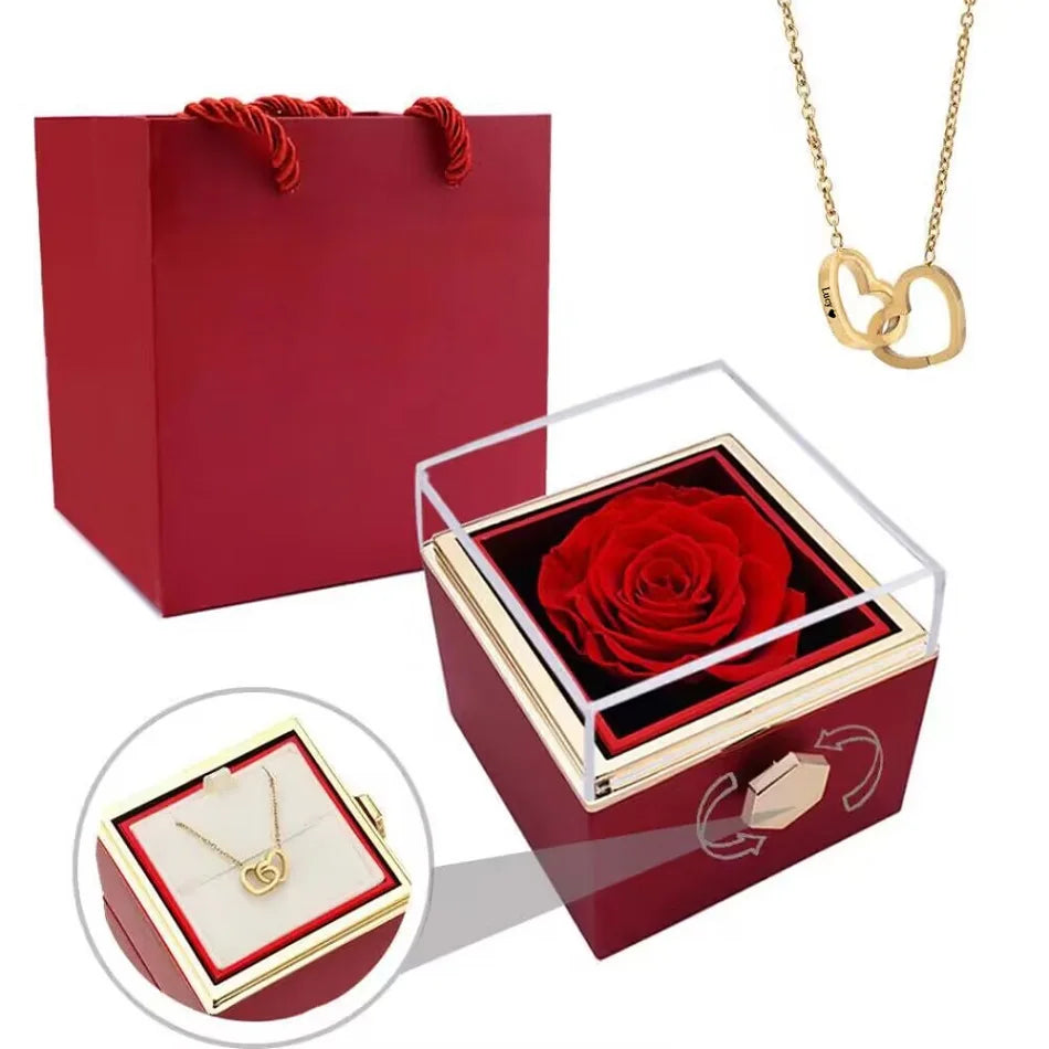 New Eternal Real Rose Rotating box Double Heart Custom
