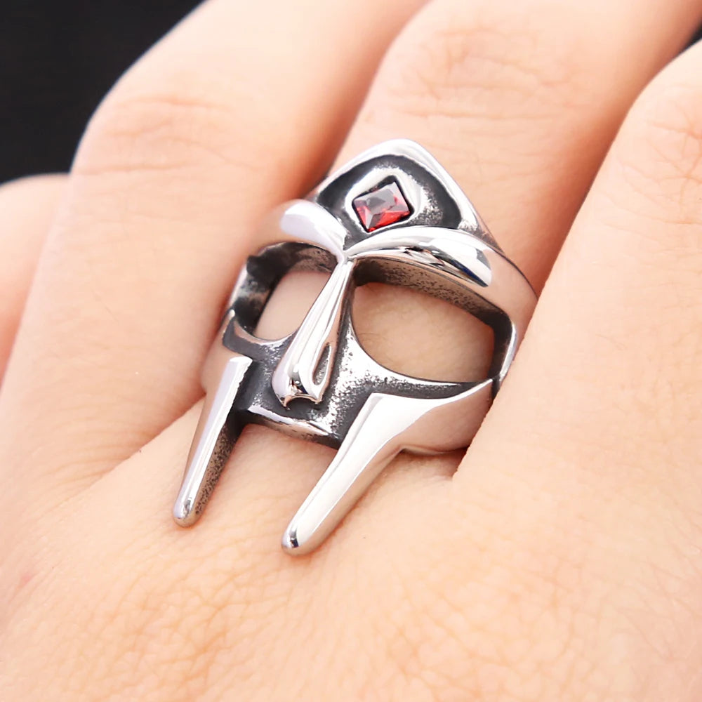 Punk Vintage Stainless Steel MF DOOM Mask Rings With Red Stone