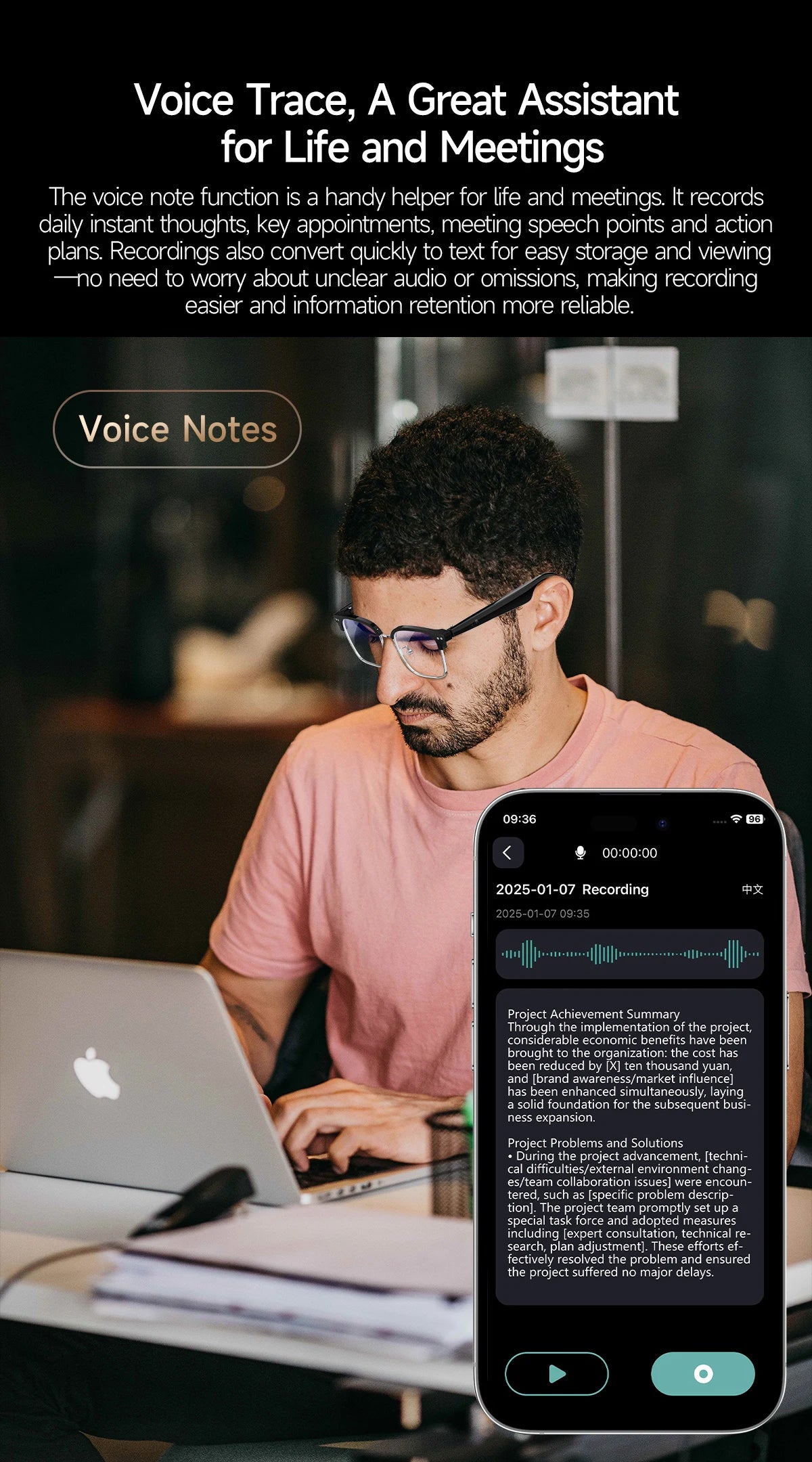 New Business Style Smart Glasses W100D Bluetooth Call AI