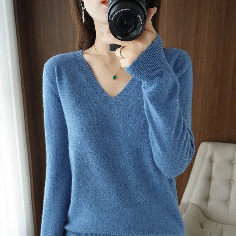 Women's Sweater Autumn Winter Knitted Pullovers V-neck