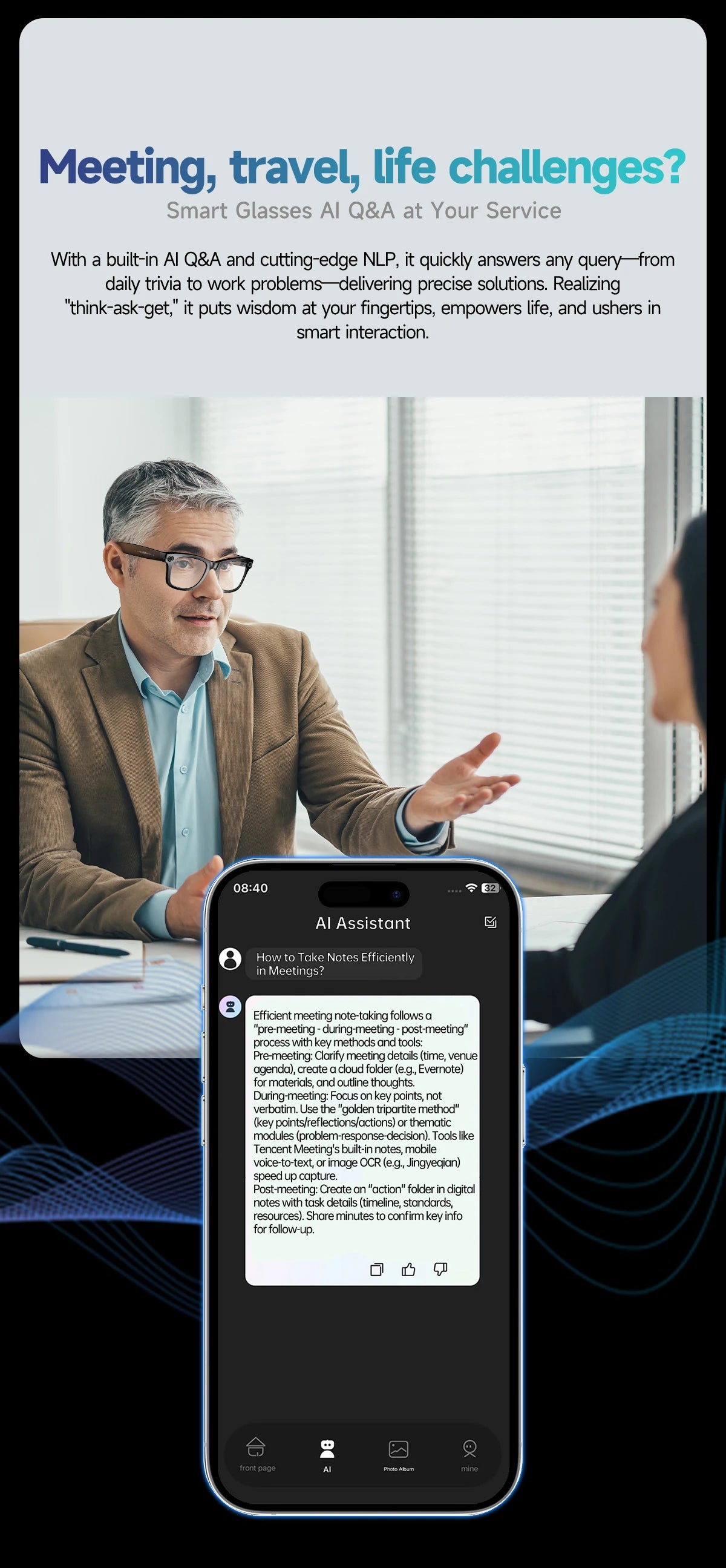 AI Smart Glasses with 8MP Camera Video Recording 100+ Languages