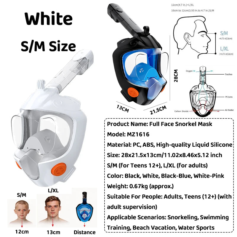 Full Face Snorkel Mask 180° Panoramic View Dry Top Snorkel
