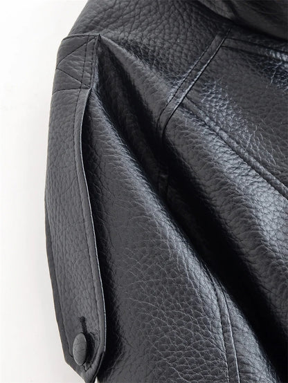 Women's Jacket Fall New Black Long Sleeve Pebble Faux