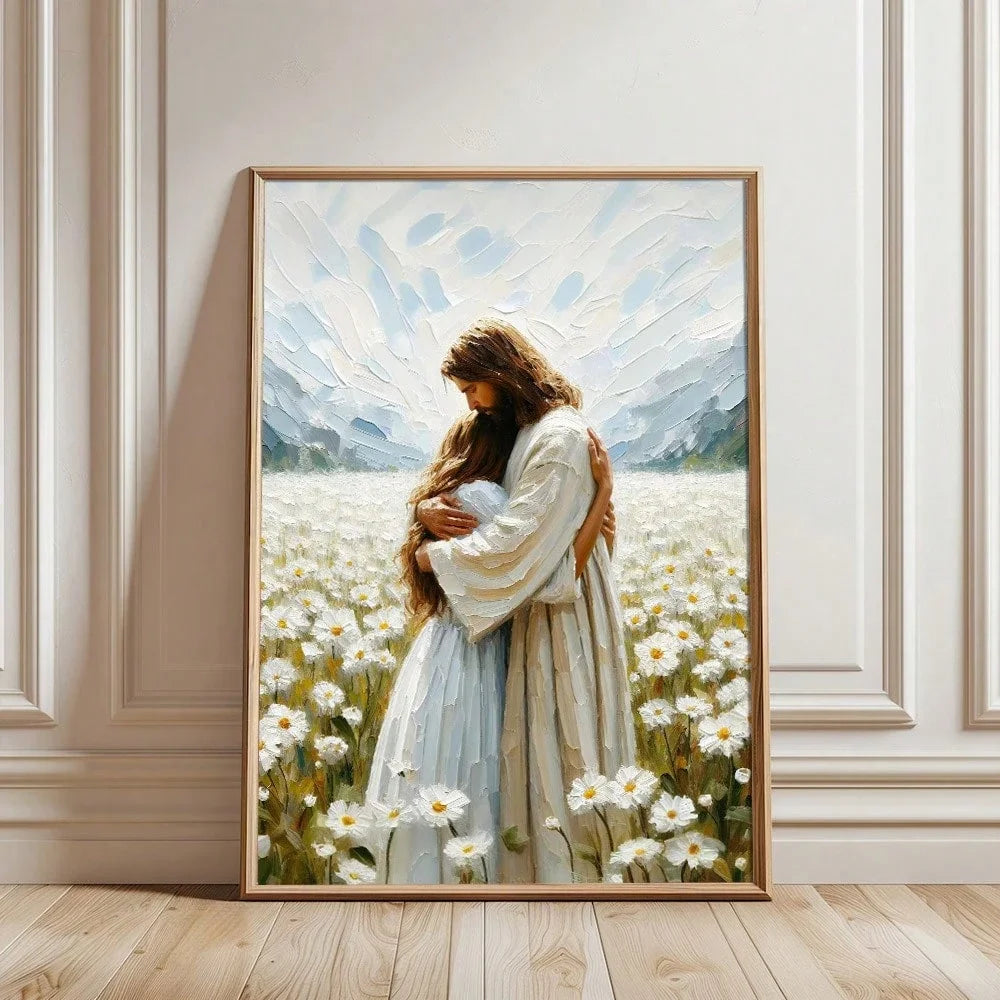 Jesus hugs girl canvas painting poster home decoration