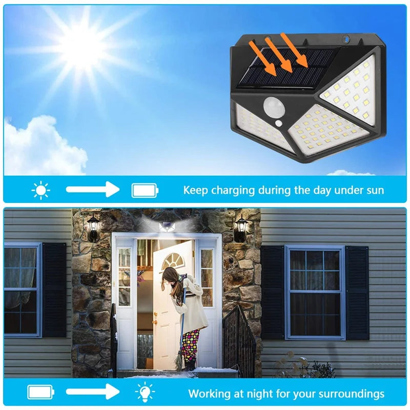Solar Lights Outdoor 100 LED Wall Lamp Motion Sensor Lights