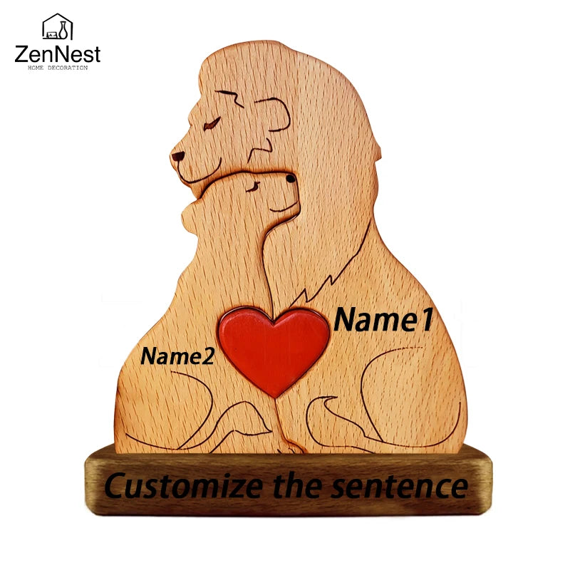 Wooden Lion Family Puzzle Ornament DIY Custom Name