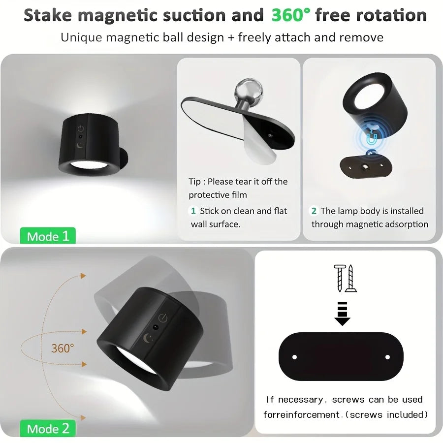 Modern Magnetic LED Wall Lamp Rechargeable 360° Rotation