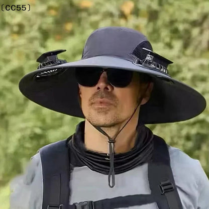 Large Size Quick Dry Bucket Hat With Solar Powered Fan USB Charging