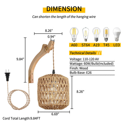 Bamboo Lantern Wall Lamp Natural Rattan Wicker E27 Chandeliers