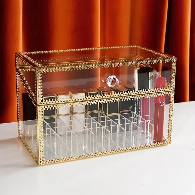Golden Makeup Organizer Storage Box Glass Cosmetic