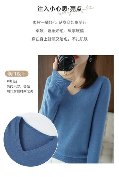 Women's Sweater Autumn Winter Knitted Pullovers V-neck