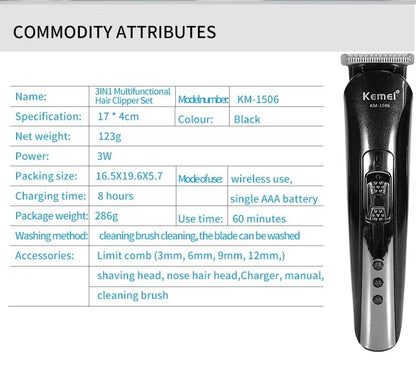 Kemei KM-1506 3 in 1 Electric Hair Clipper USB Charging Shaver