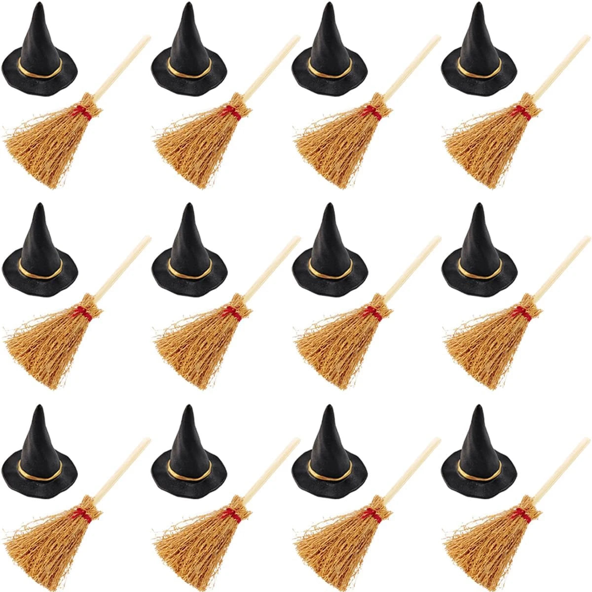 10-50Pcs Mini Witch Hat with Mini Broom Miniature Straw Brooms with Red Rope