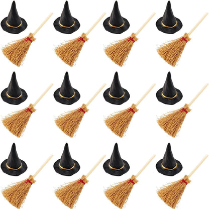 10-50Pcs Mini Witch Hat with Mini Broom Miniature Straw Brooms with Red Rope
