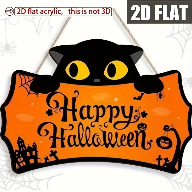 Black Cat Shaped Happy Halloween Wooden Hanging Sign Pumpkin Bat