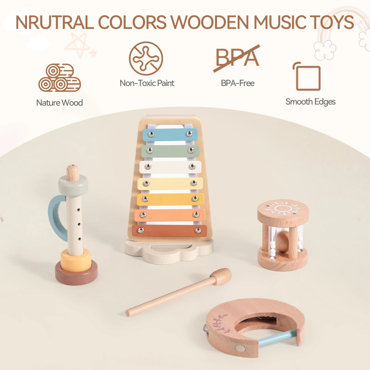 Montessori Wooden Toy Multicolor Xylophone Bell Beads