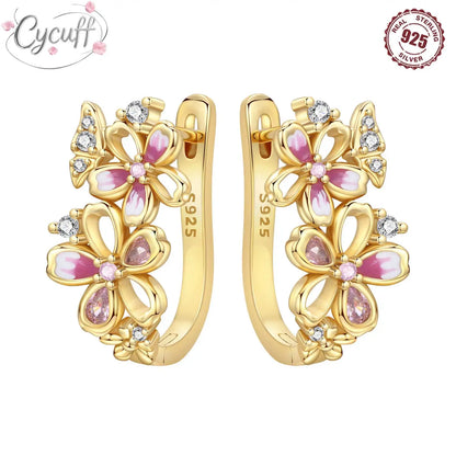 New 925 Sterling Silver 18K Gold Plated Cherry Blossom Butterfly