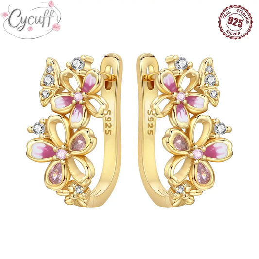New 925 Sterling Silver 18K Gold Plated Cherry Blossom Butterfly