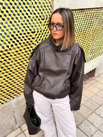 Women's Jacket Fall New Black Long Sleeve Pebble Faux