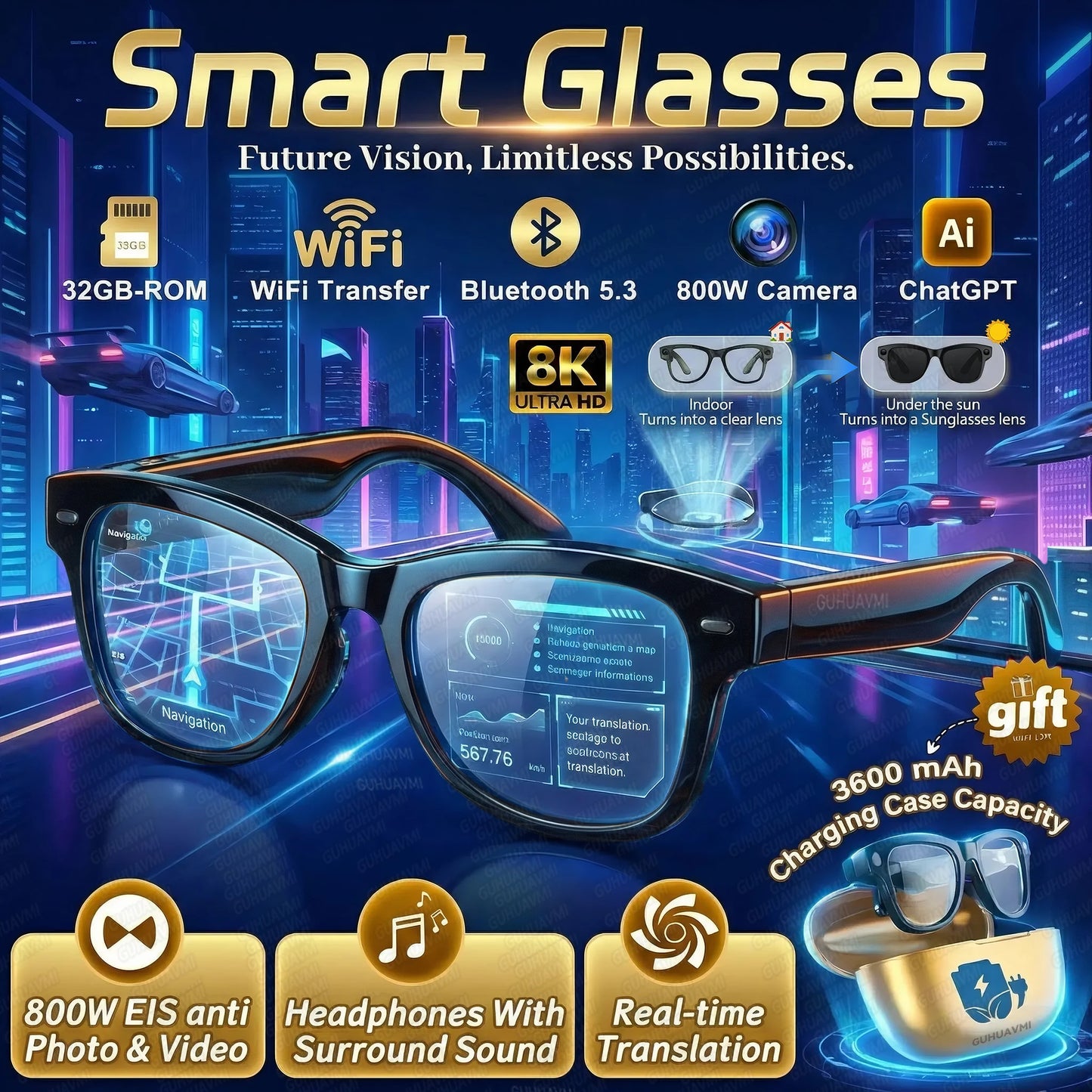 New 800W 4K HD Camera AI Smart Glasses 32G Recording