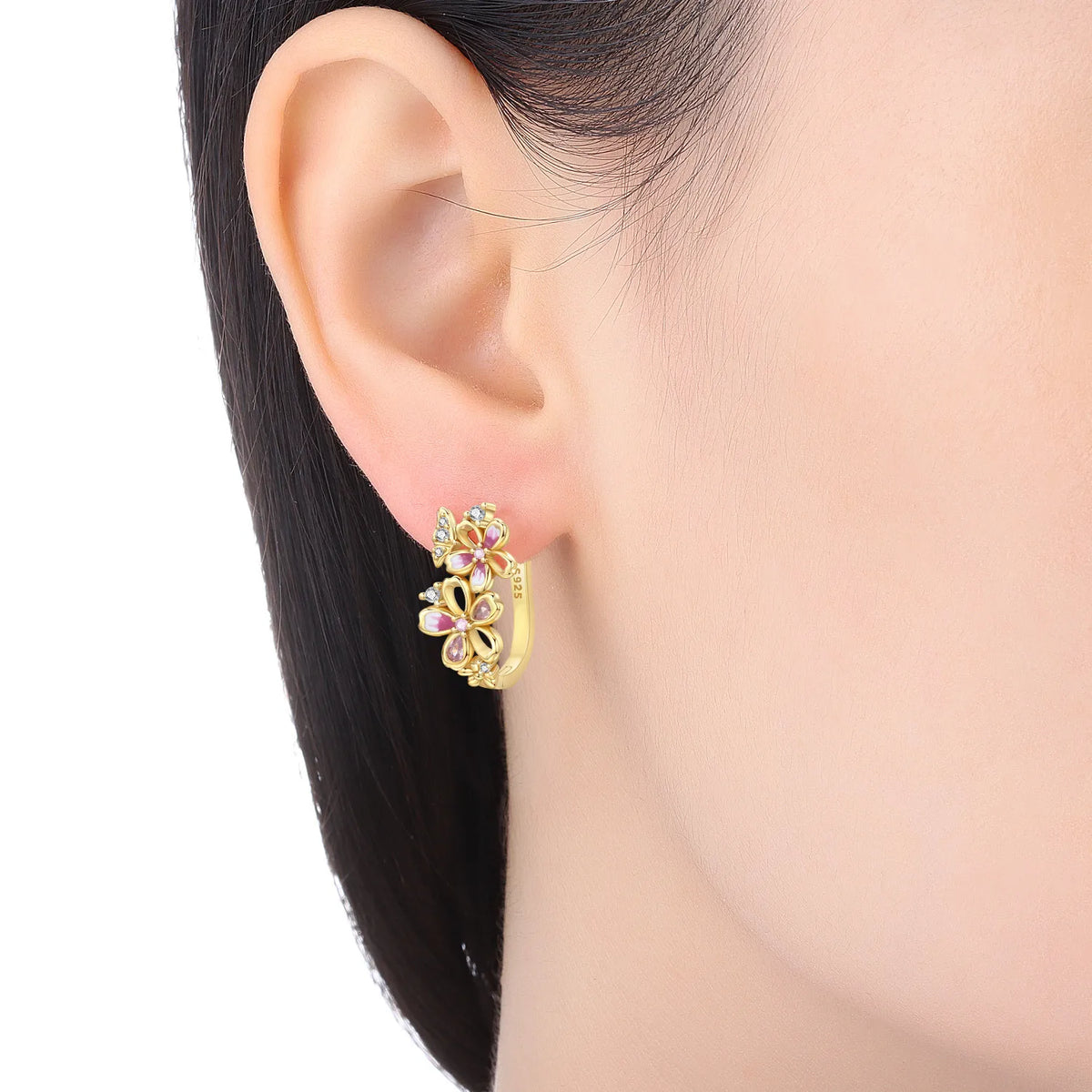 New 925 Sterling Silver 18K Gold Plated Cherry Blossom Butterfly