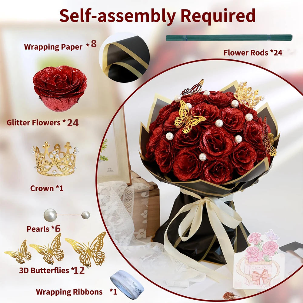 Red Glitter Roses Bouquet DIY Gift Set Everlasting Shiny
