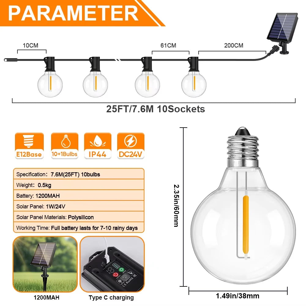 G40 Outdoor Solar String Light Garland LED Solar String Lights