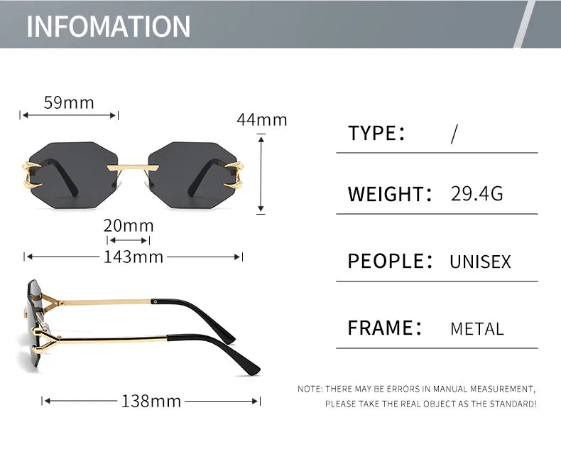 Rimless Hexagon Sunglasses Retro Irregular Square
