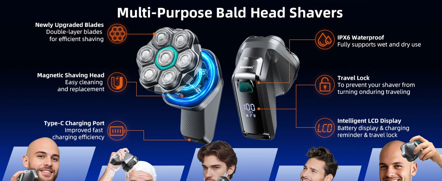 S32 Electric Head Shaver for Men 7D Floating Cutter USB-C Rechargeable