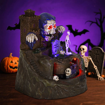 Animated Halloween Village House Decor with Moving Train Pre-Lit Music Skull Ghosts