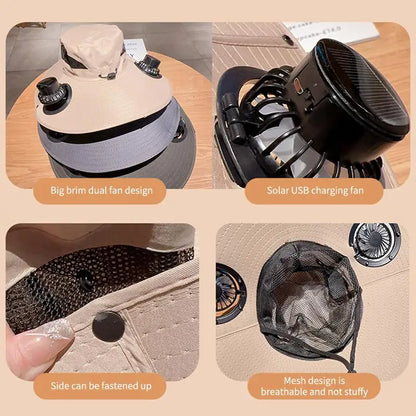 Large Size Quick Dry Bucket Hat With Solar Powered Fan USB Charging