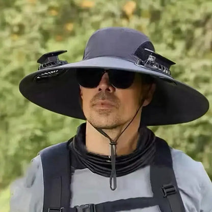 Large Size Quick Dry Bucket Hat With Solar Powered Fan USB Charging