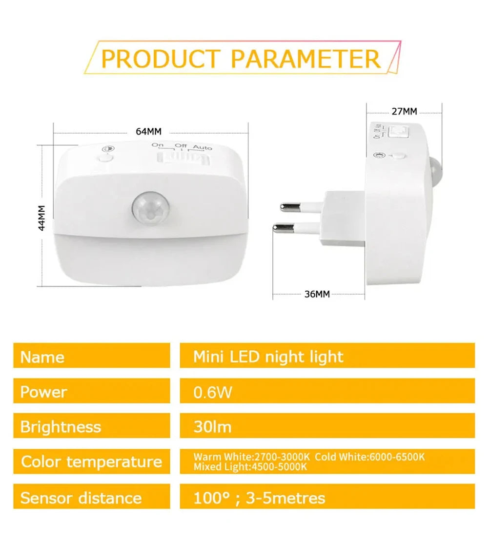 LED Night Light Motion Sensor EU Plug Lamp Nightlights