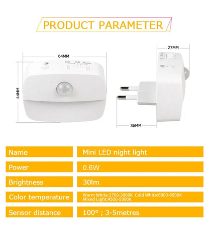 LED Night Light Motion Sensor EU Plug Lamp Nightlights
