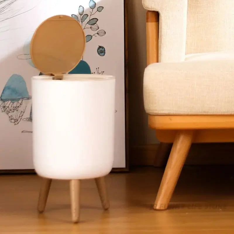 7L Round Wood Grain Trash Can Press Type Garbage Can