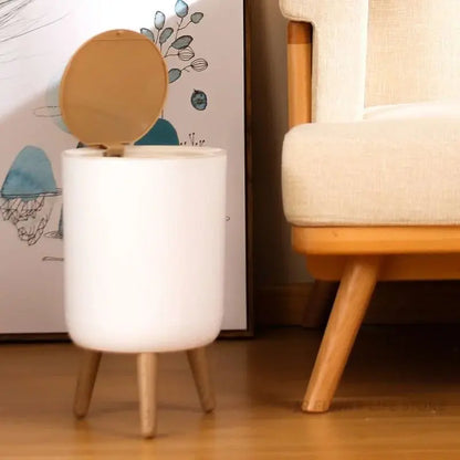 7L Round Wood Grain Trash Can Press Type Garbage Can