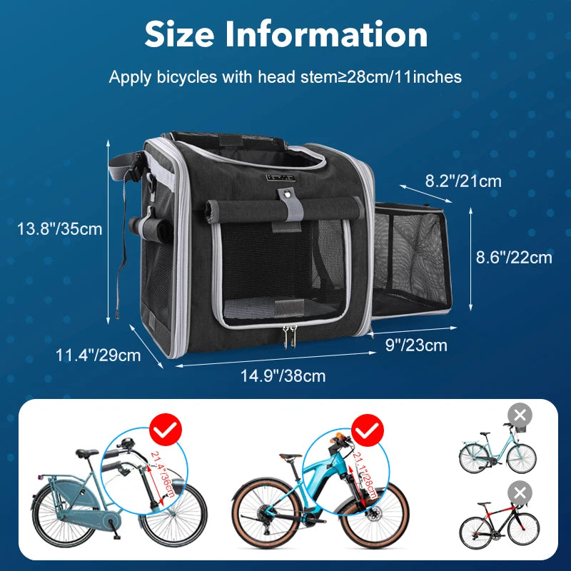 Dog or Cat Bike Basket, Expandable Soft Sided Pet Carrier