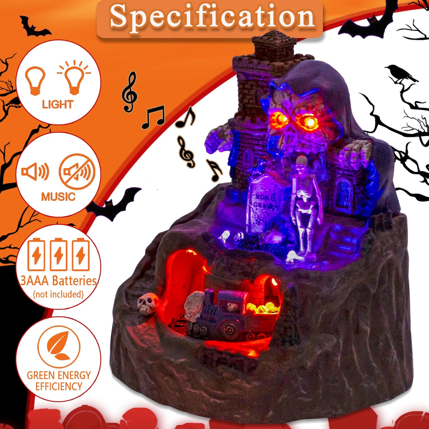 Animated Halloween Village House Decor with Moving Train Pre-Lit Music Skull Ghosts