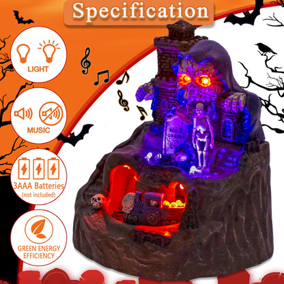 Animated Halloween Village House Decor with Moving Train Pre-Lit Music Skull Ghosts