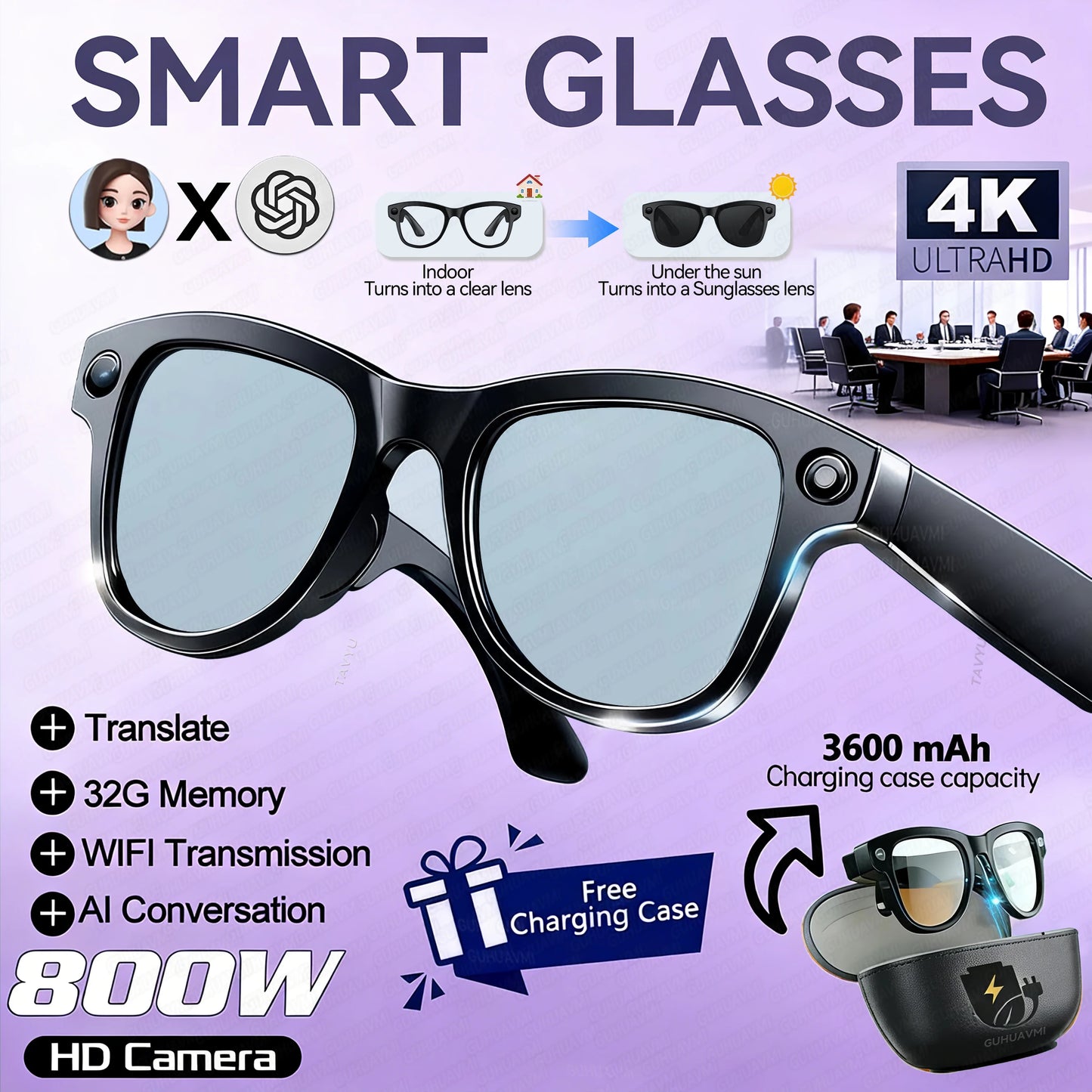 New 800W 4K HD Camera AI Smart Glasses 32G Recording