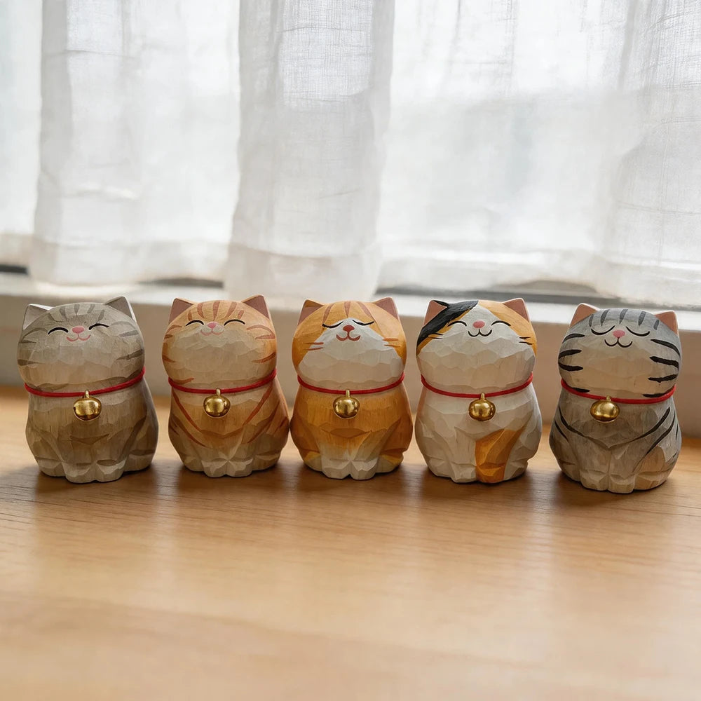 Cute Cat Animals Figurine Decorative Wooden Ornament