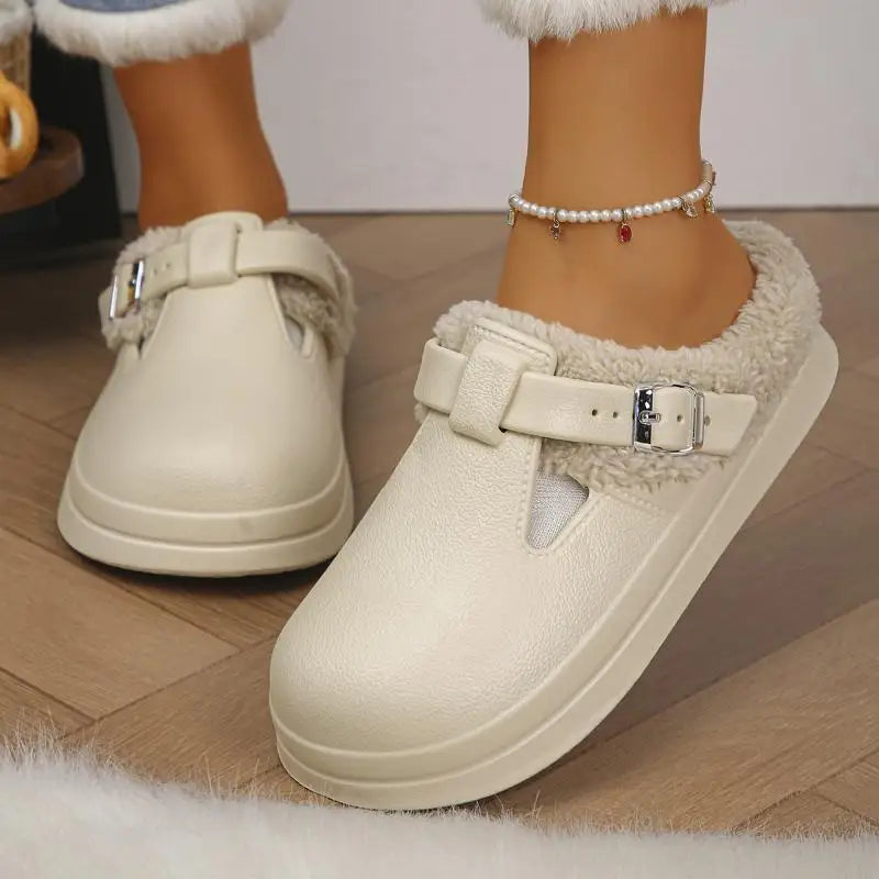 Waterproof Eva Furry Mules Slippers Women Winter Metal Buckle