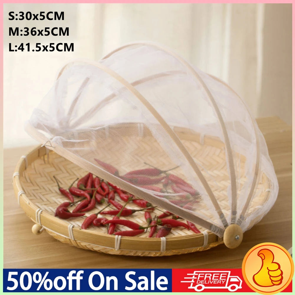 Handmade Bamboo Basket With Net Mesh Cover Kitchen Bread