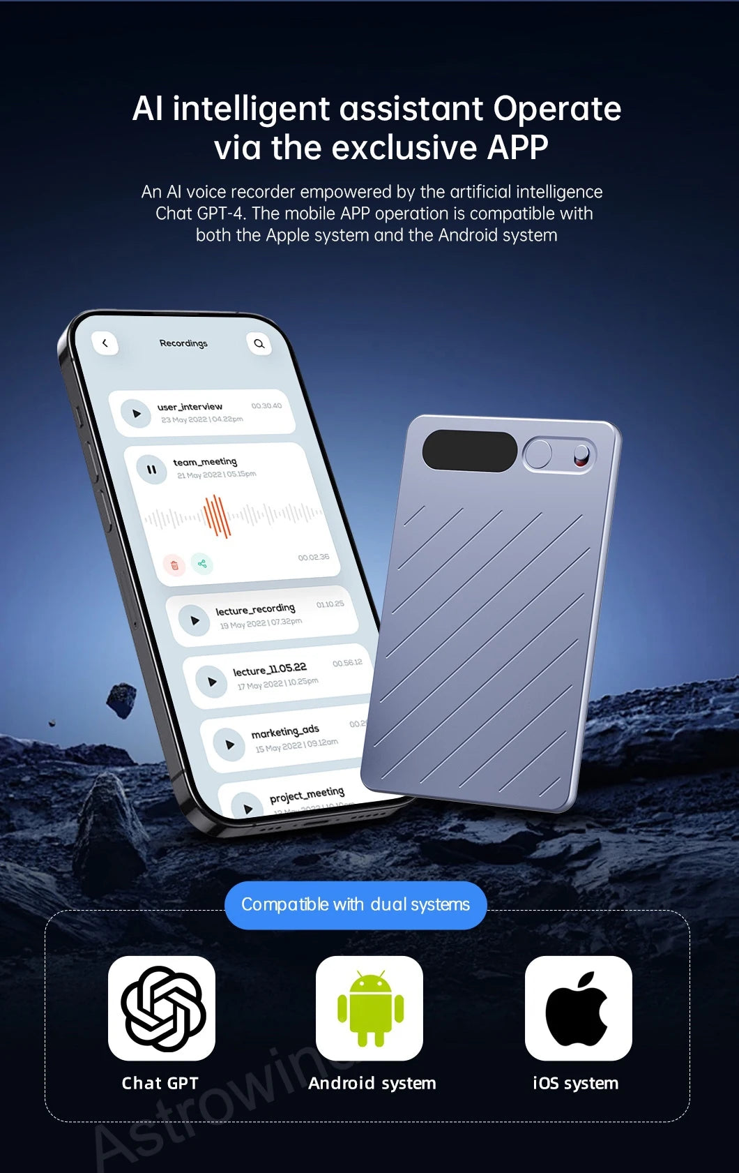 AI Voice Recorder ChatGPT-4 App 64GB Transcribe Summarize