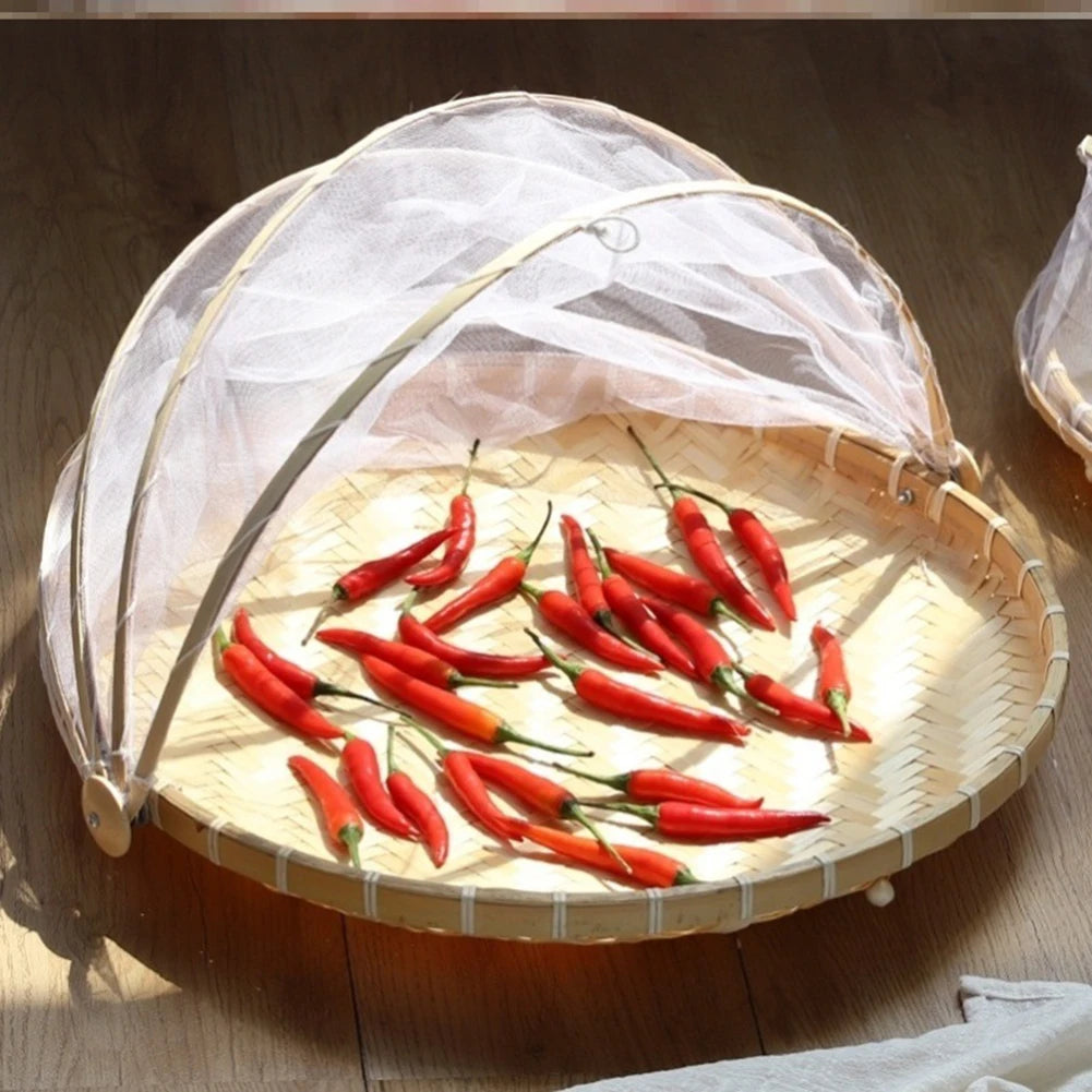 Handmade Bamboo Basket With Net Mesh Cover Kitchen Bread