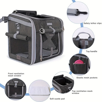Dog or Cat Bike Basket, Expandable Soft Sided Pet Carrier Backpack with 4 Open Doors