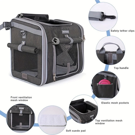 Dog or Cat Bike Basket, Expandable Soft Sided Pet Carrier Backpack with 4 Open Doors
