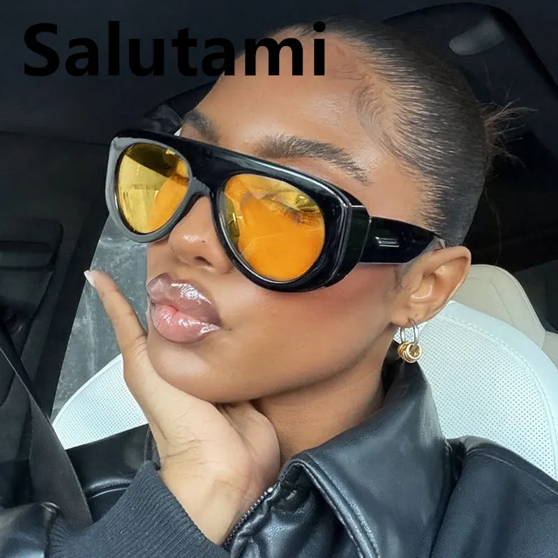 Vintage thick frame stripe oval sunglasses for women